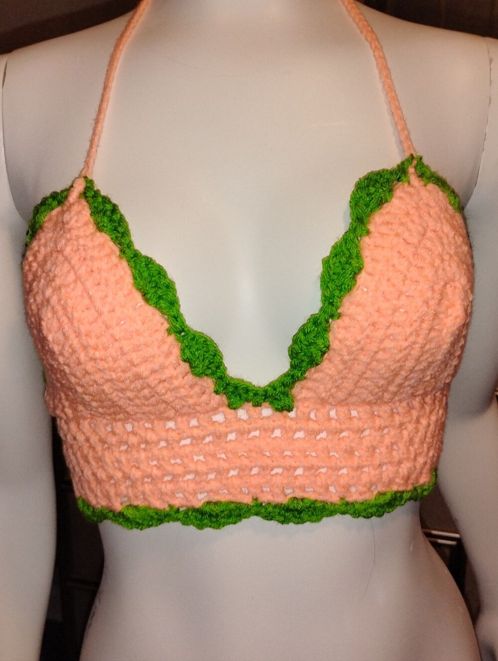 Handmade Peach Crochet Bralette with Green Trim